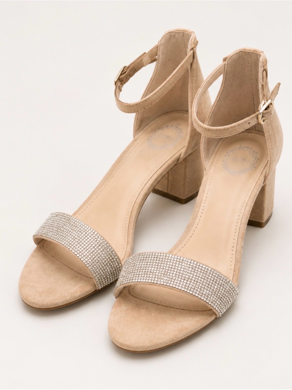 Minimalist Nude Block Heel Sandals with Crystal Strap